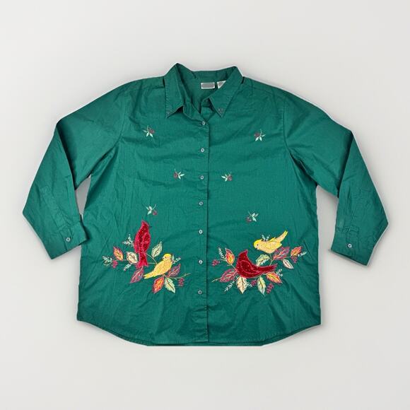 Bobbie Brooks Woman Embroidered Cardinals Button Up Shirt 18W/20W Green Birds - Picture 1 of 10
